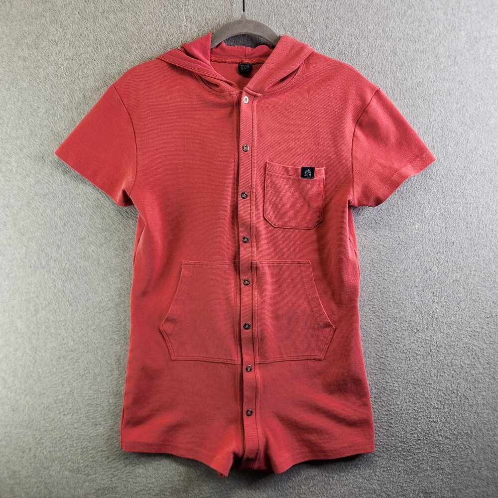 Den Loungewear Union Suit Mens M Pink Hooded Short Sleeve Snap Snug Fit